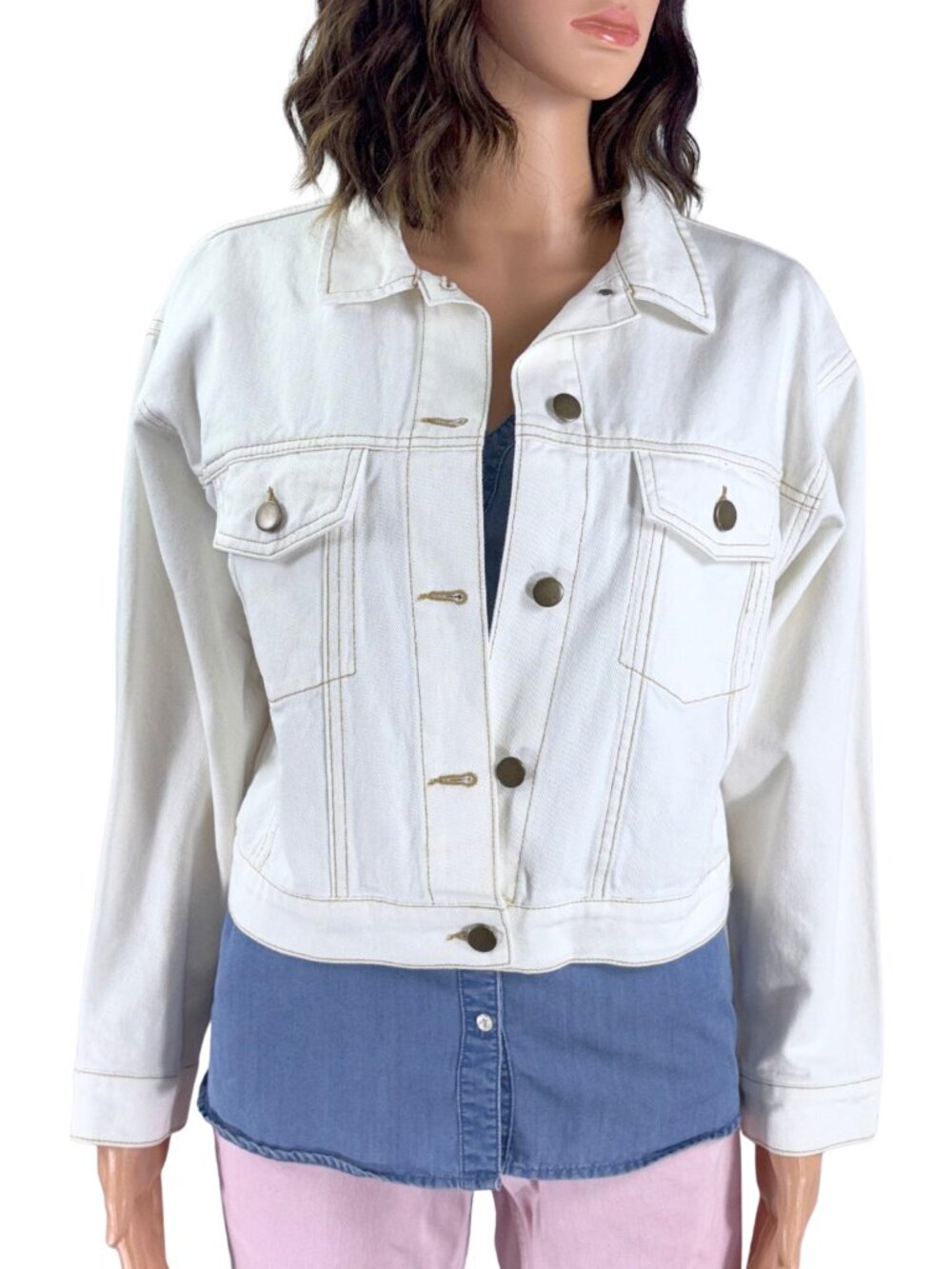 Mi Ami White Denim Jacket Contrast Stitch Button Front Trucker Size M
